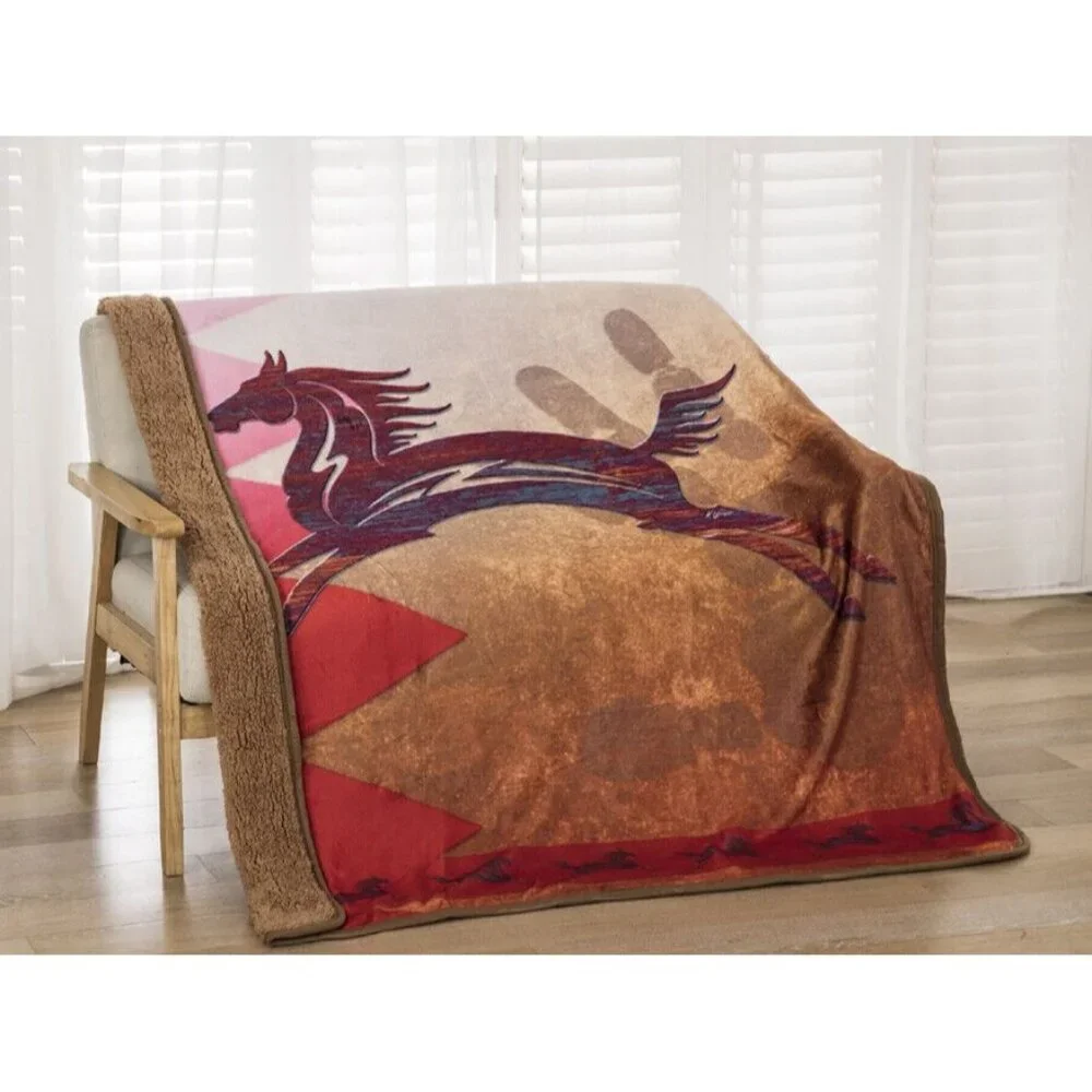 New Wild Horse Sherpa Plush Throw Gift Blanket SOFT Native American Art Stallion